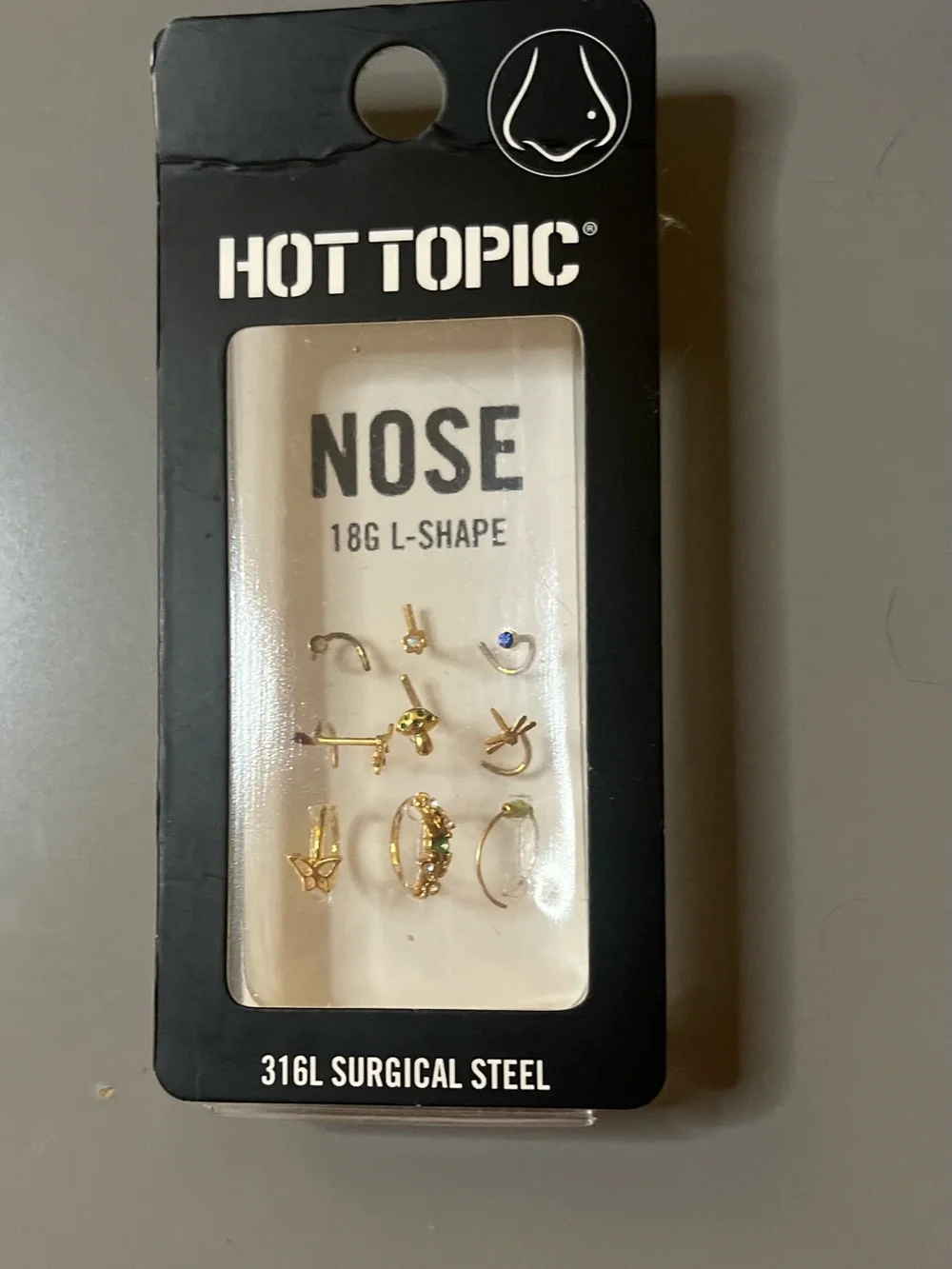 Hot Topic Nose Stud Set 9 Pack 18G L-Shape Gold Butterfly Mushroom NWT